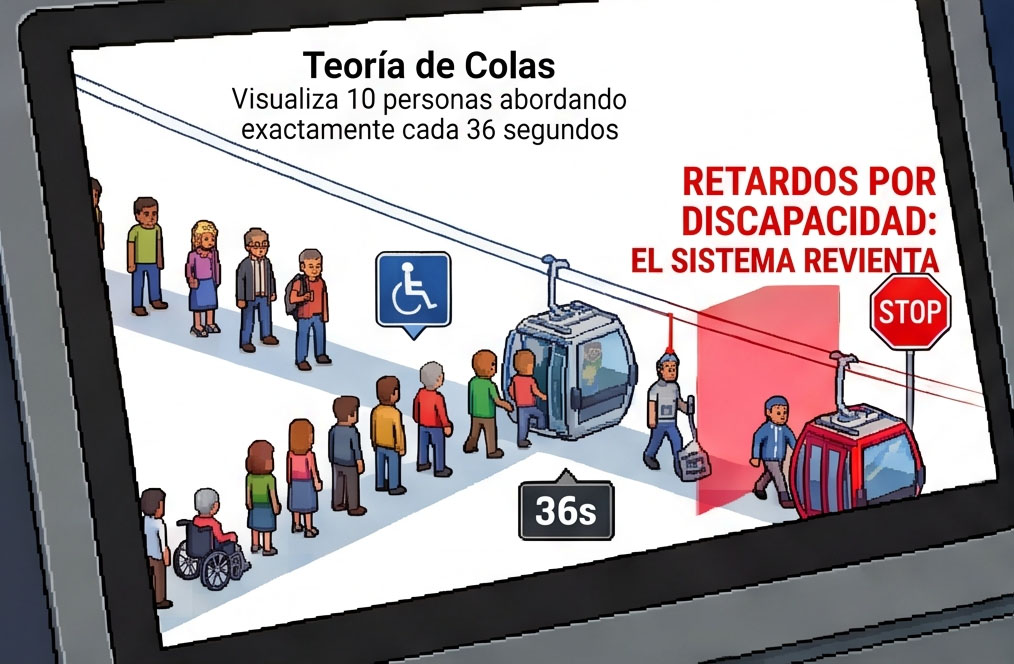 Visualización de flujo pendular en la simulación del Cablebús Puebla durante hora pico.