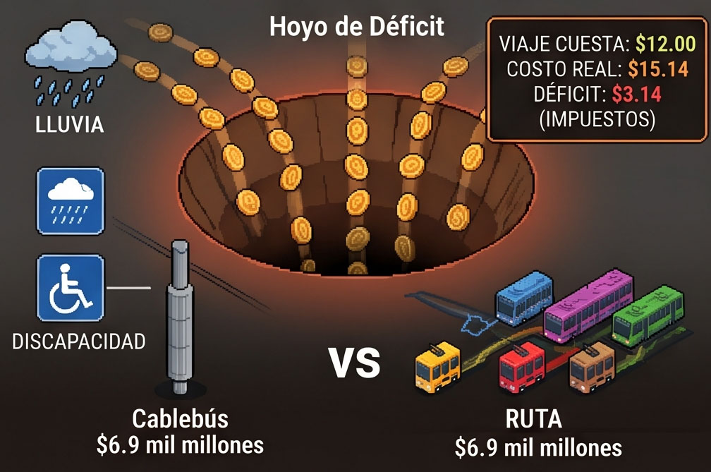 Simulación visual del déficit operativo y costo real por usuario del Cablebús Puebla.