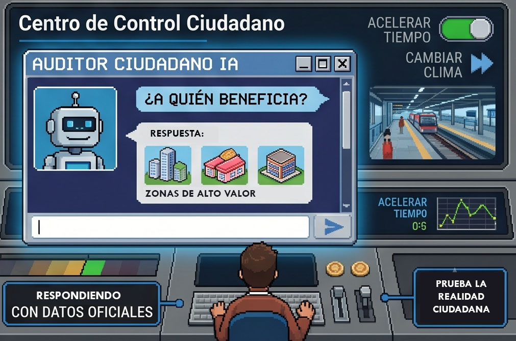 Pixel art de la interfaz completa del simulador del Cablebús Puebla con el Auditor Ciudadano IA interactivo.